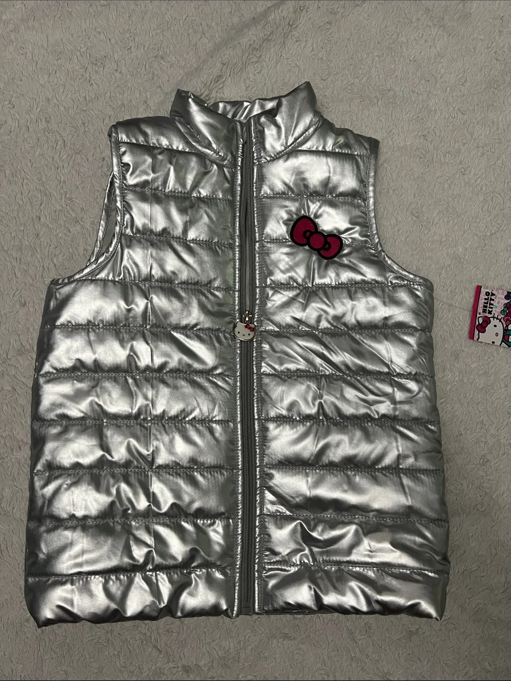 Hello Kitty Metallic Silver Quilted Puffer Vest with Pink Bow Patch